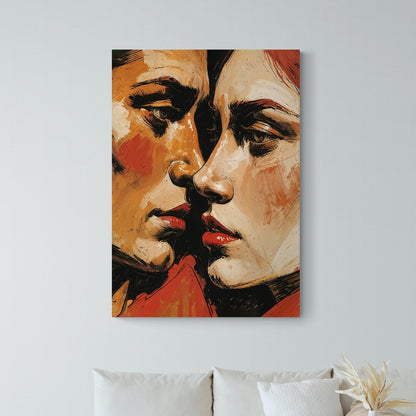 Dettaglio del volto destro con sguardo profondo e colori caldi

