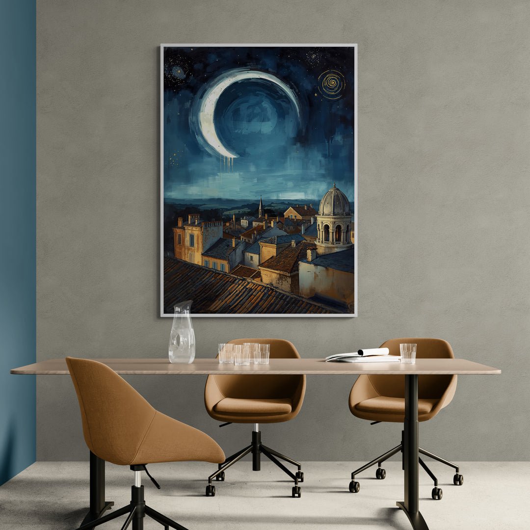 Stampa su tela con città sotto la luna