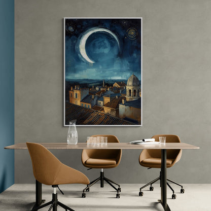 Stampa su tela con città sotto la luna