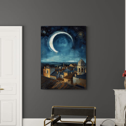 Luna dipinta sopra una città addormentata – arte surreale