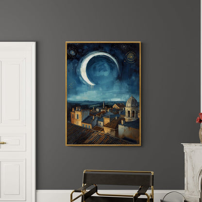 Stampa decorativa con cielo blu e elementi architettonici