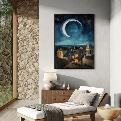 Stampa artistica con luna crescente su paesaggio urbano notturno
