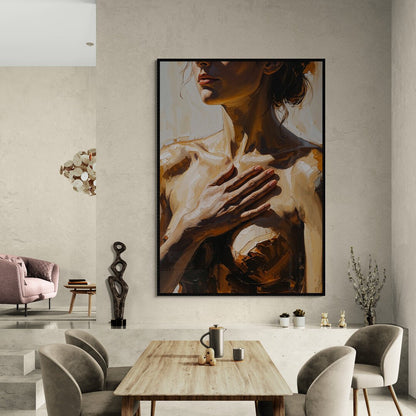 quadro nudo artistico elegante mano sul petto luce calda
