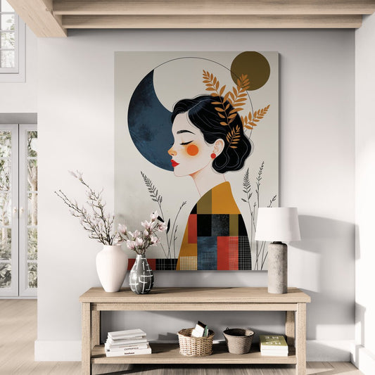 poster design elegante donna occhi chiusi luna crescente e rami dorati