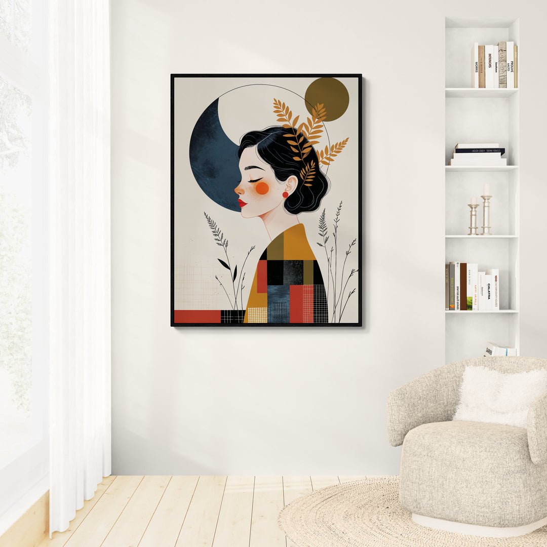 stampa murale premium profilo femminile con cerchi e texture minimal