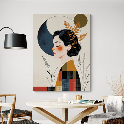 quadro decorativo minimal con geometrie e mezzaluna su sfondo chiaro