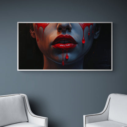Quadro glamour dark-chic con rossetto rosso e sfondo scuro