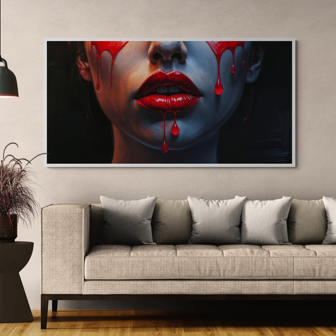 Quadro contemporaneo con labbra rosse e colature cremisi per salotto