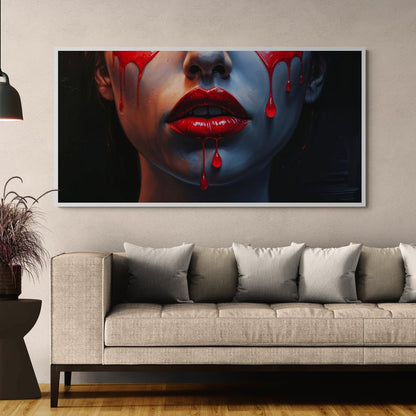 Quadro contemporaneo con labbra rosse e colature cremisi per salotto