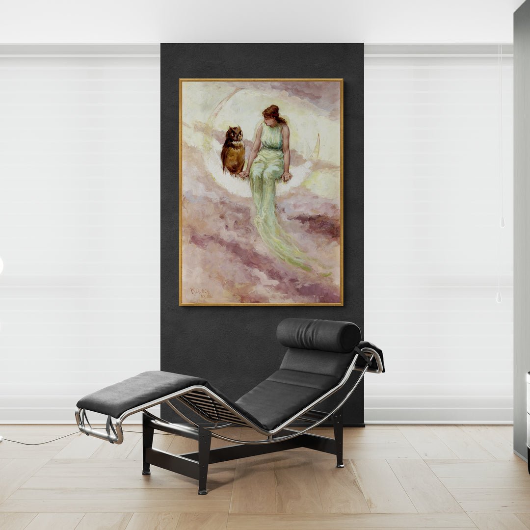 Scena fiabesca con donna e gufo per arredo elegante e suggestivo