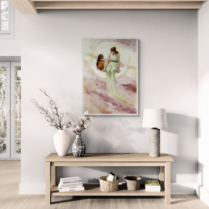 Dipinto fantasy su sfondo celestiale con luna e gufo