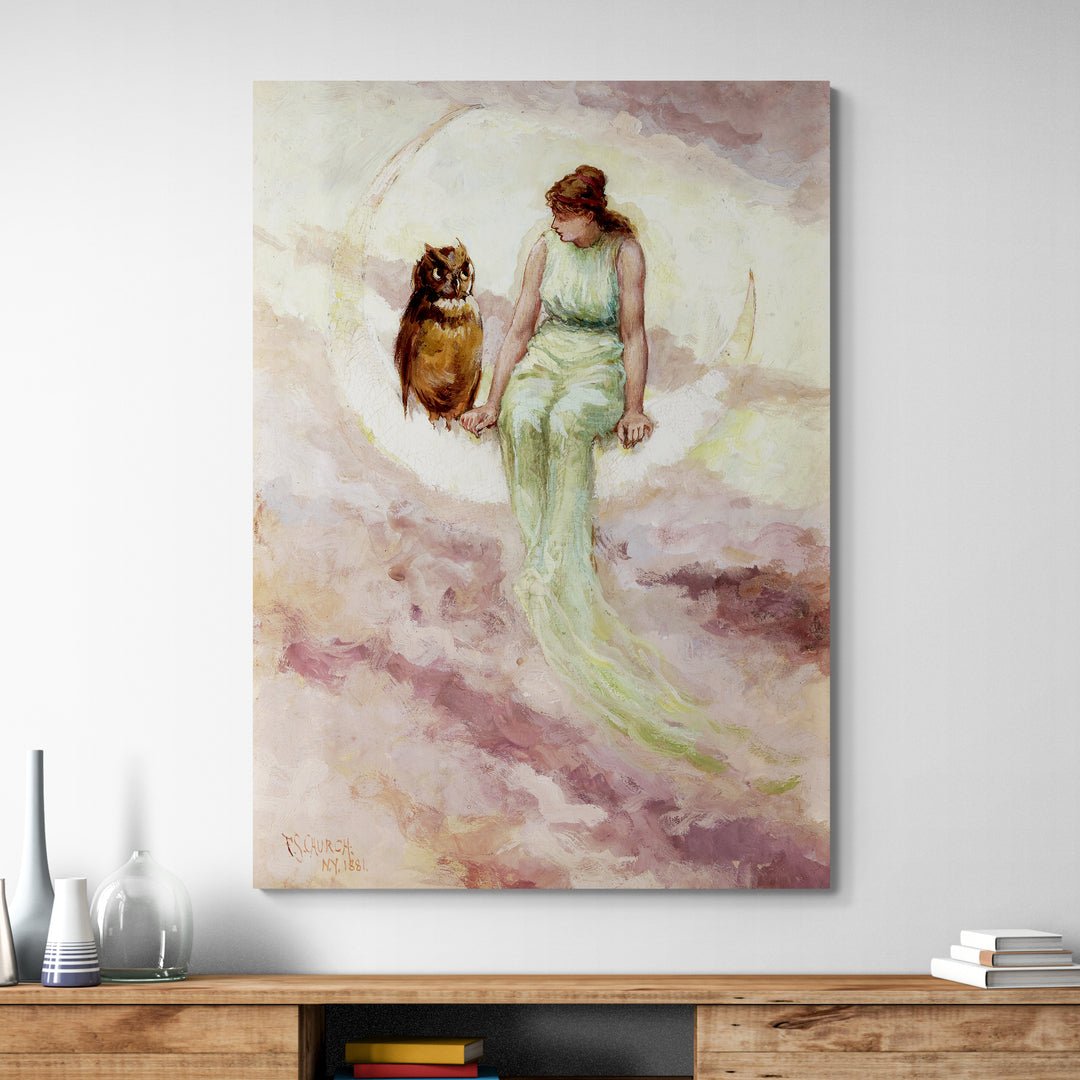 Donna seduta su una luna con un gufo – acquerello vintage in stampa su tela