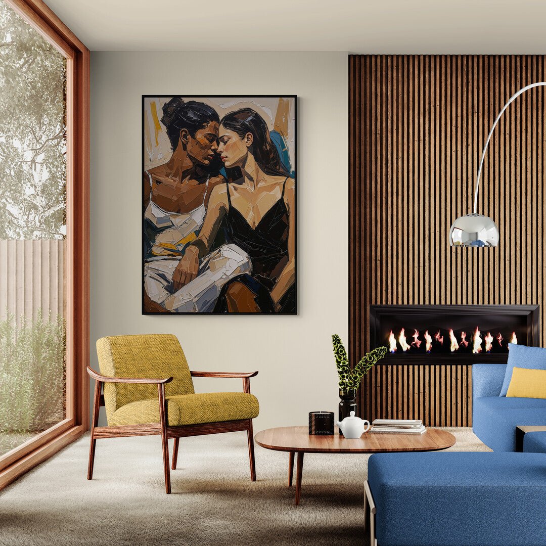 quadro due donne abbraccio vicino con texture a spatola