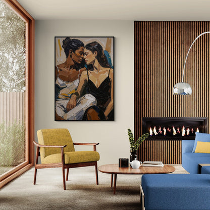 quadro due donne abbraccio vicino con texture a spatola