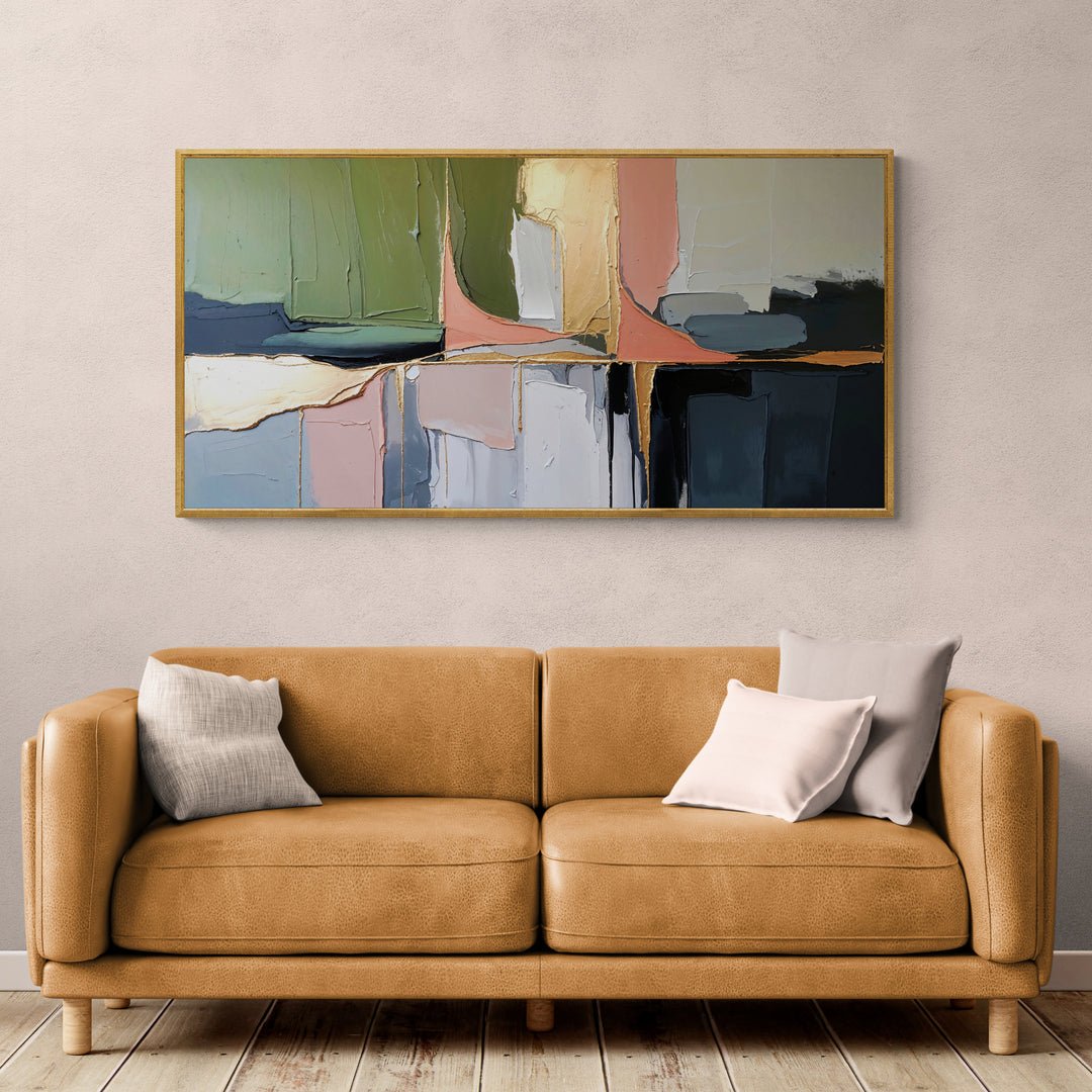 Quadro moderno con tonalità rosa cipria, verde oliva e oro