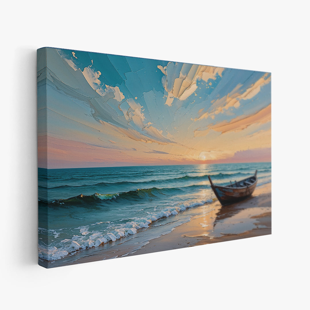 quadro orizzontale casa al mare barca di legno sulla riva tramonto