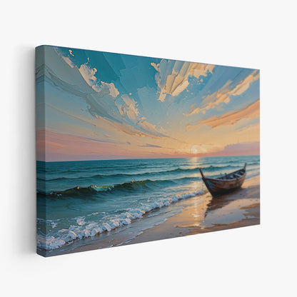 quadro orizzontale casa al mare barca di legno sulla riva tramonto
