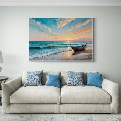 quadro marino barca sulla spiaggia e onde al tramonto in vendita online