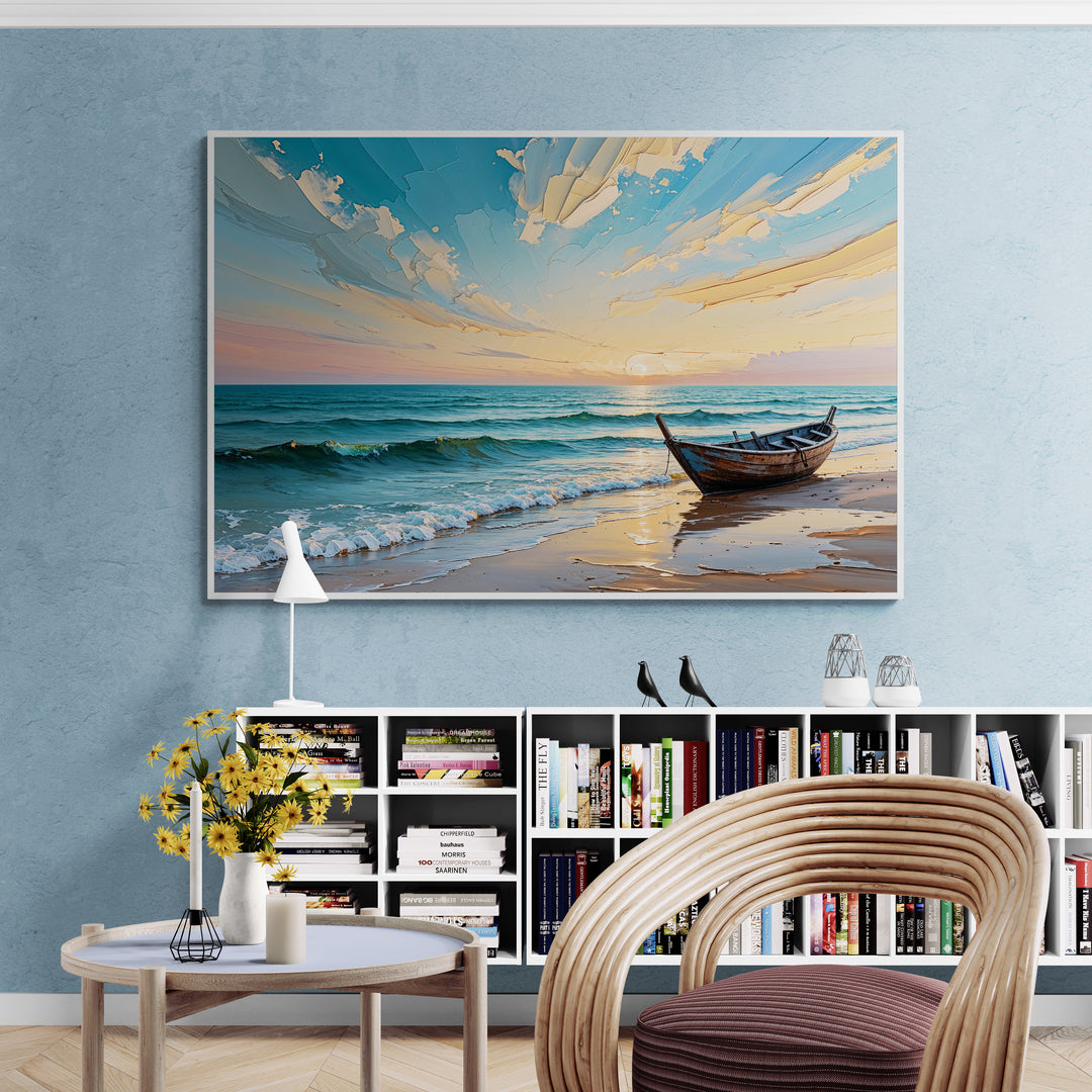 tramonto sulla battigia quadro mare con barca al tramonto stampa su policotone