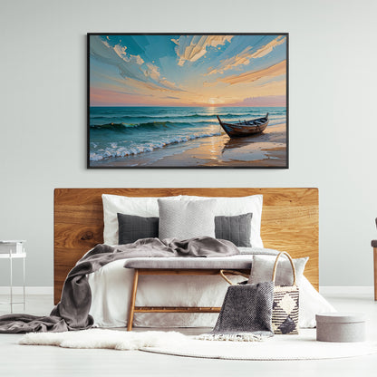 poster moderno tramonto mare con barca atmosfera rilassante