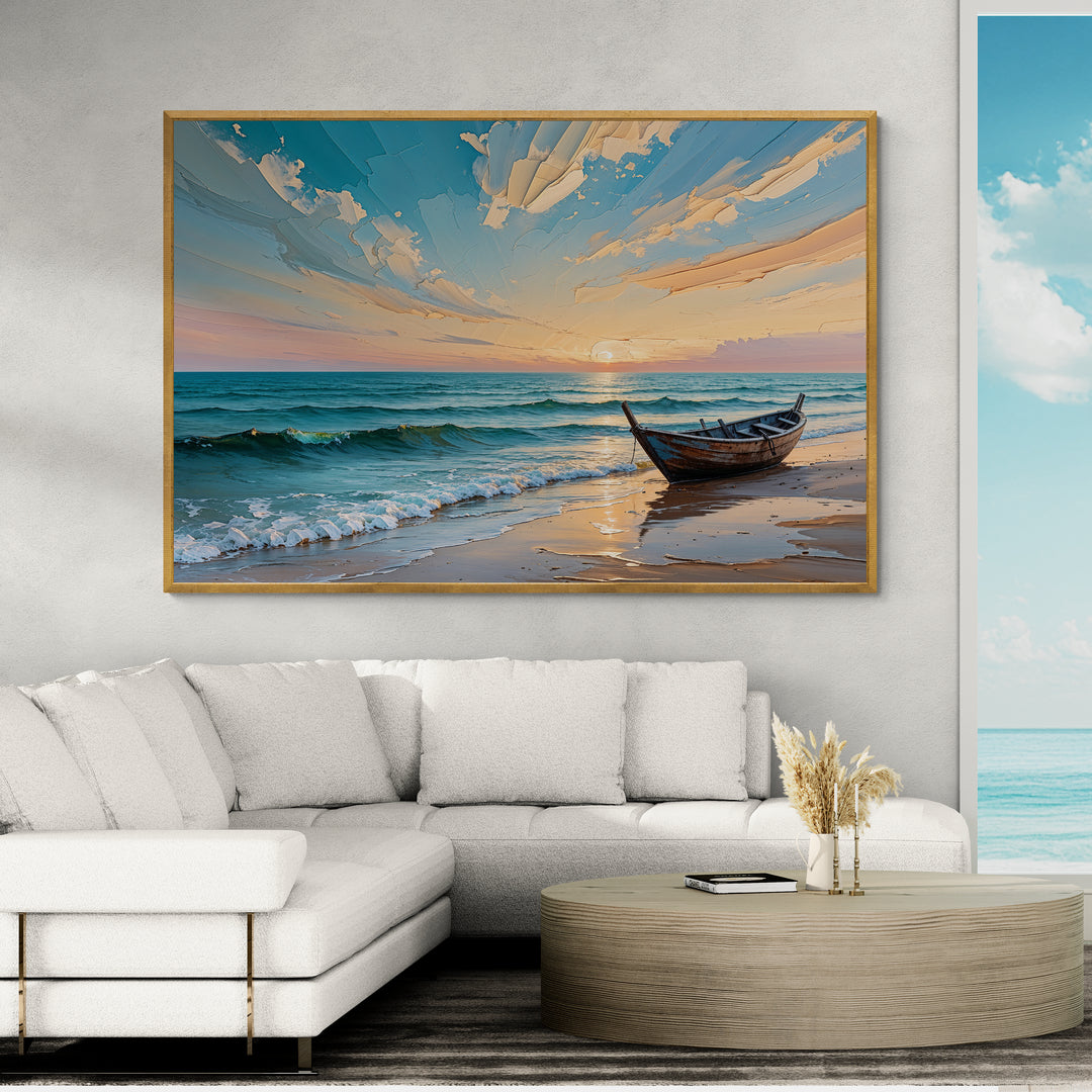 arte da parete mediterranea mare calmo tramonto e barca