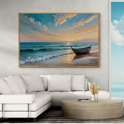 arte da parete mediterranea mare calmo tramonto e barca