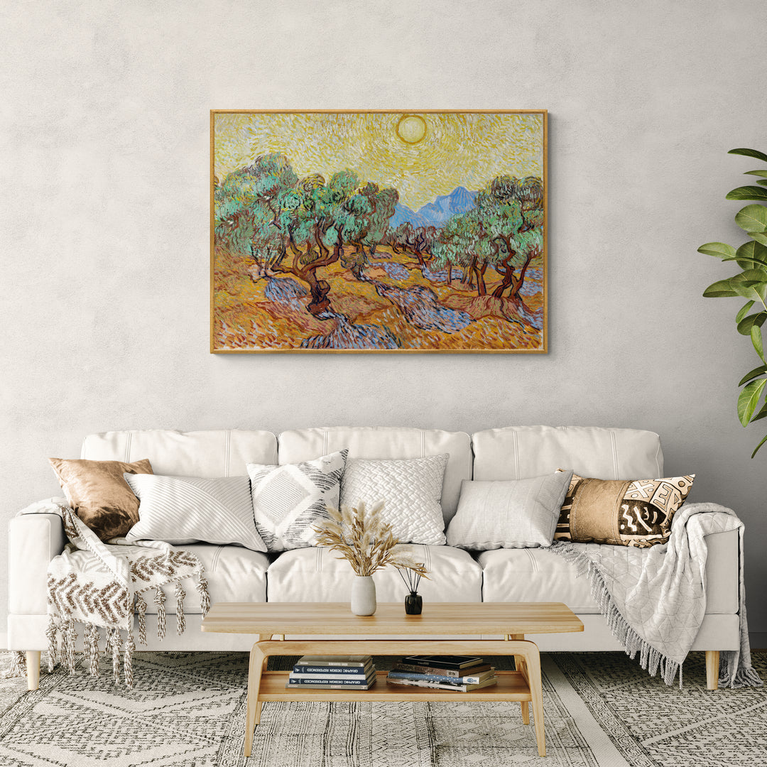 Stampa su tela “Ulivi con cielo giallo e sole” di Vincent van Gogh in vendita online