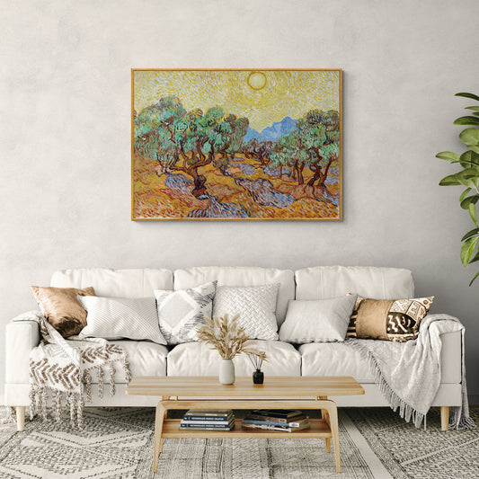 Stampa su tela “Ulivi con cielo giallo e sole” di Vincent van Gogh in vendita online