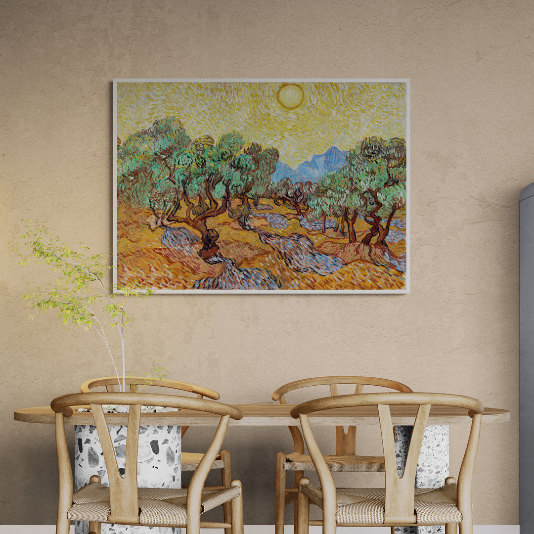 Quadro per soggiorno ispirato a Van Gogh con ulivi verdi e cielo dorato