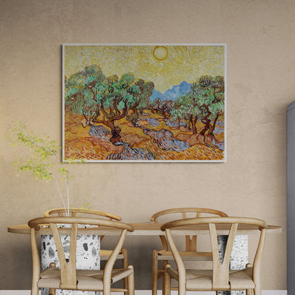 Quadro per soggiorno ispirato a Van Gogh con ulivi verdi e cielo dorato