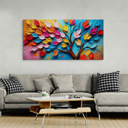 Dettaglio delle foglie rosa e gialle dipinte con effetto materico