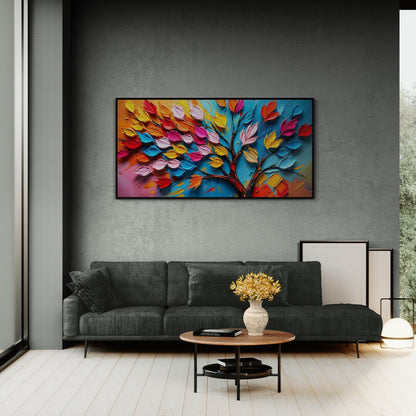 Albero astratto con foglie multicolore su sfondo materico sfumato