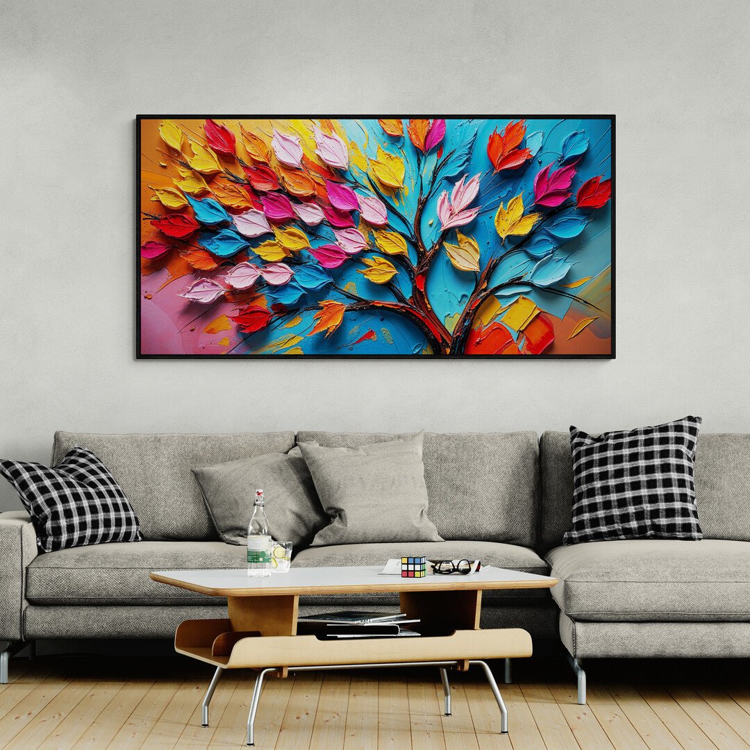 Quadro astratto moderno con foglie colorate in rilievo su sfondo blu