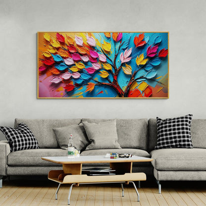 Opera d’arte astratta con albero stilizzato e foglie dinamiche
