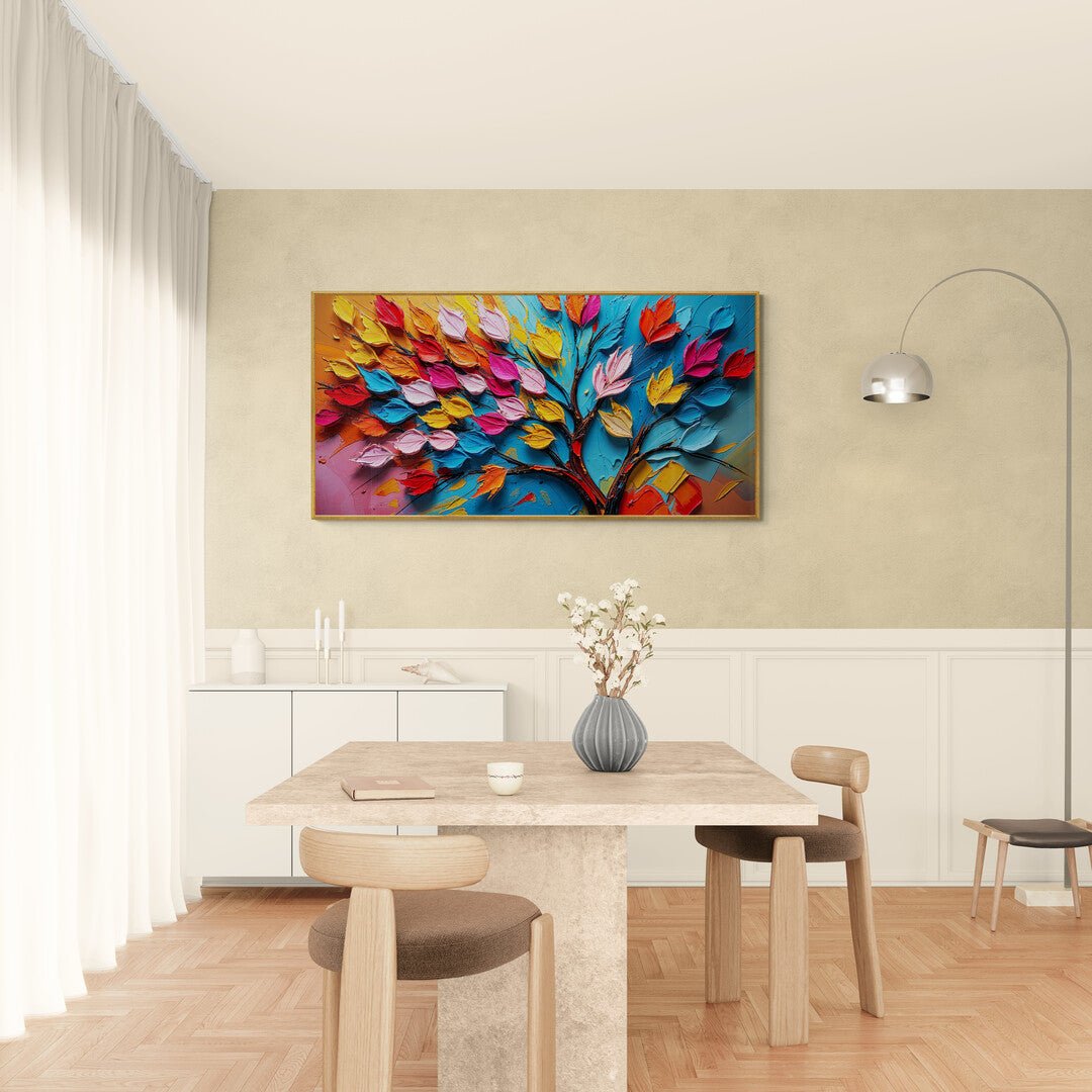 Quadro contemporaneo con esplosione cromatica di foglie in rilievo