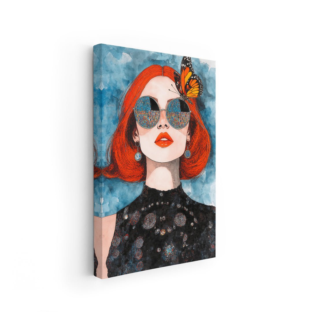 Farfalla su testa femminile in arte moderna fashion-pop