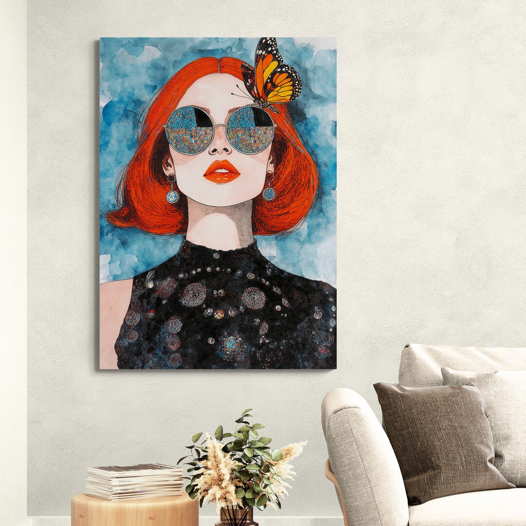 Quadro moderno con farfalla monarch e occhiali riflettenti