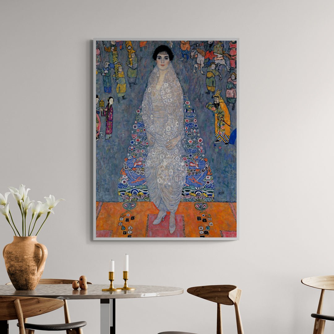 stampa murale premium klimt ritratto donna su fondo blu e arancio