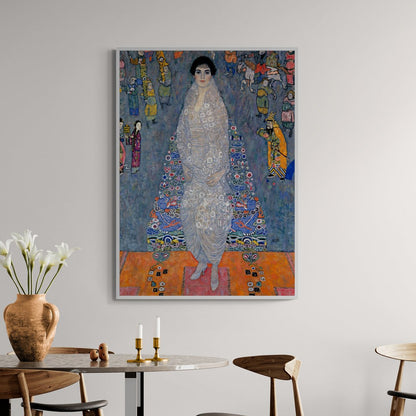 stampa murale premium klimt ritratto donna su fondo blu e arancio