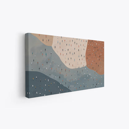 Quadro astratto con figure umane stilizzate su fondo geometrico colorato