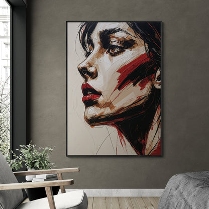 arte da parete urban chic ritratto donna con traccia cremisi sul volto
