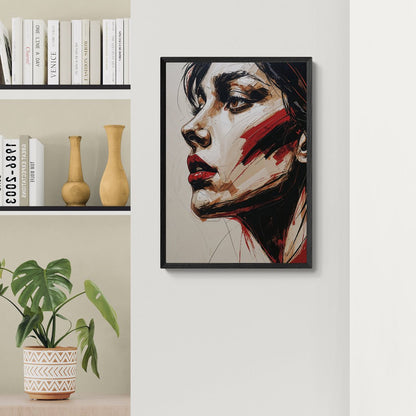 quadro verticale moderno profilo femminile con segni gestuali e graffi