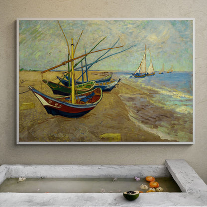 Dettaglio barche colorate sulla spiaggia nel dipinto di Van Gogh