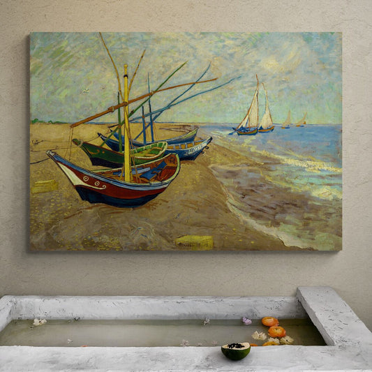 Stampa su tela del quadro Barche a Saintes-Maries di Van Gogh
