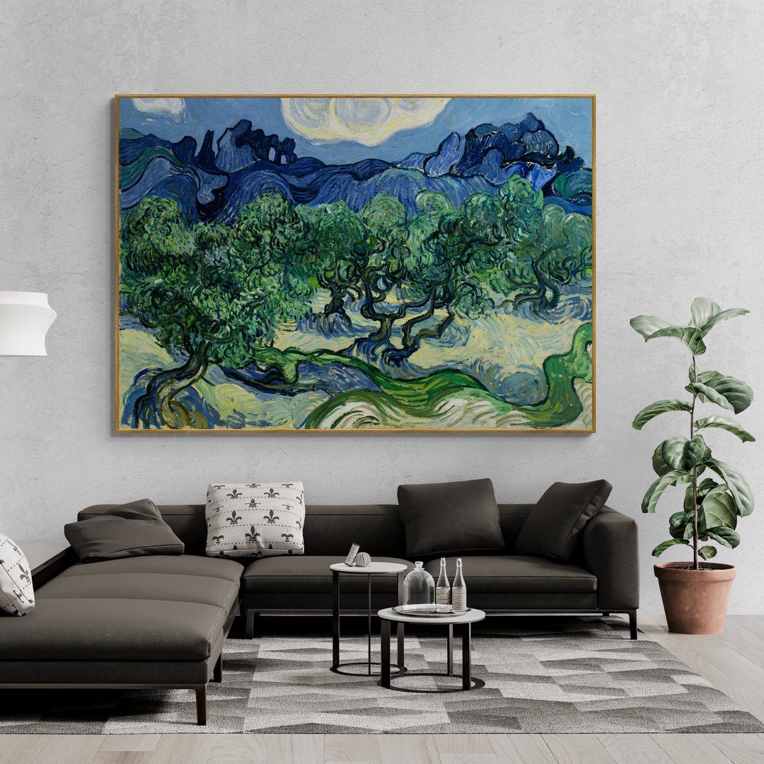 stampa artistica policotone ulivi con montagne alpilles 1889