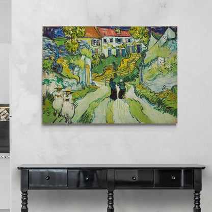 Dorfstraße und Treppen von Auvers mit weiblichen Van-Gogh-Figuren 