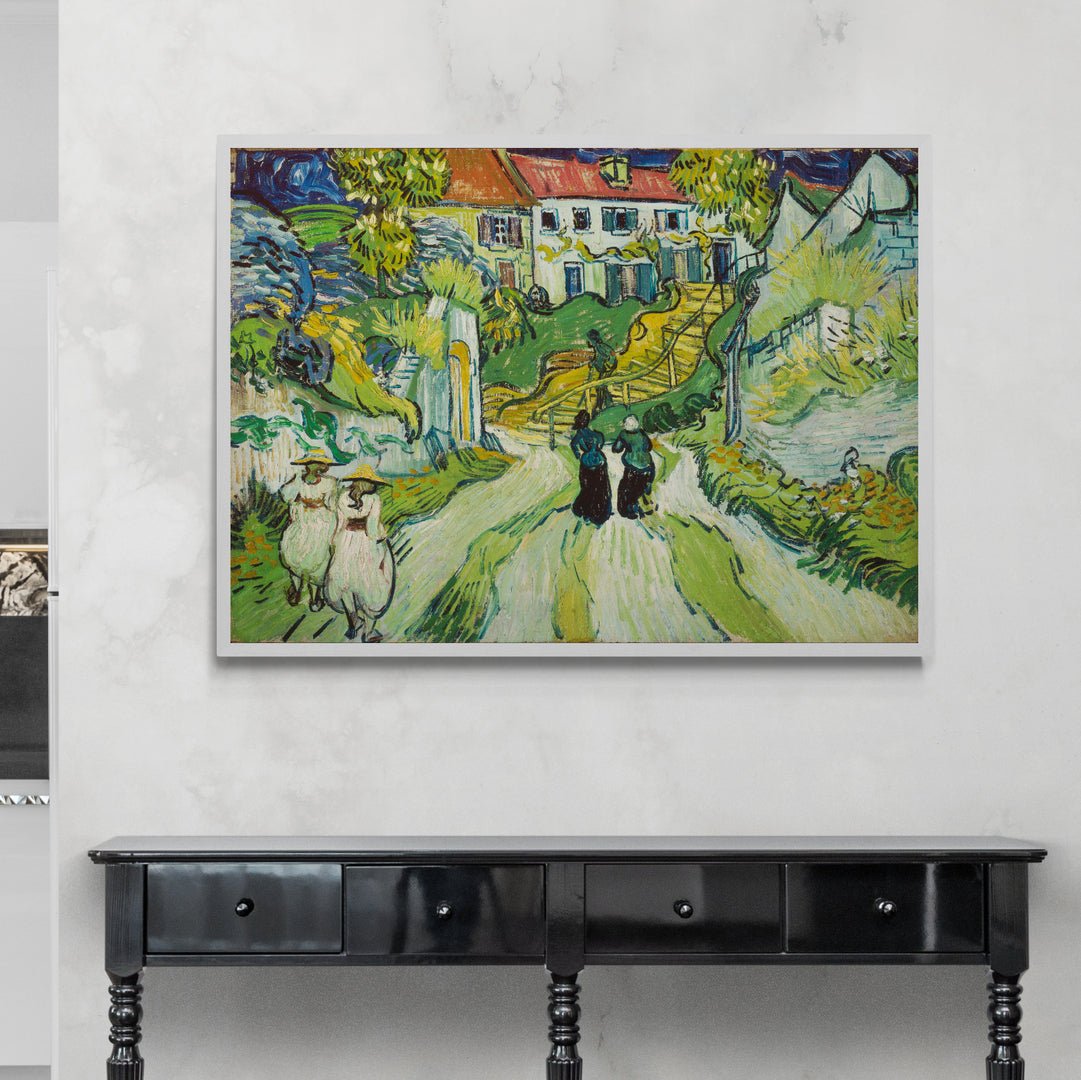 Dorfstraße und Treppen von Auvers mit weiblichen Van-Gogh-Figuren 
