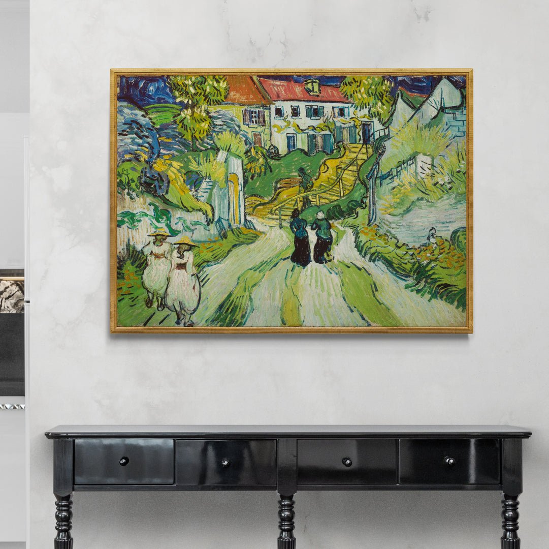 Dorfstraße und Treppen von Auvers mit weiblichen Van-Gogh-Figuren 